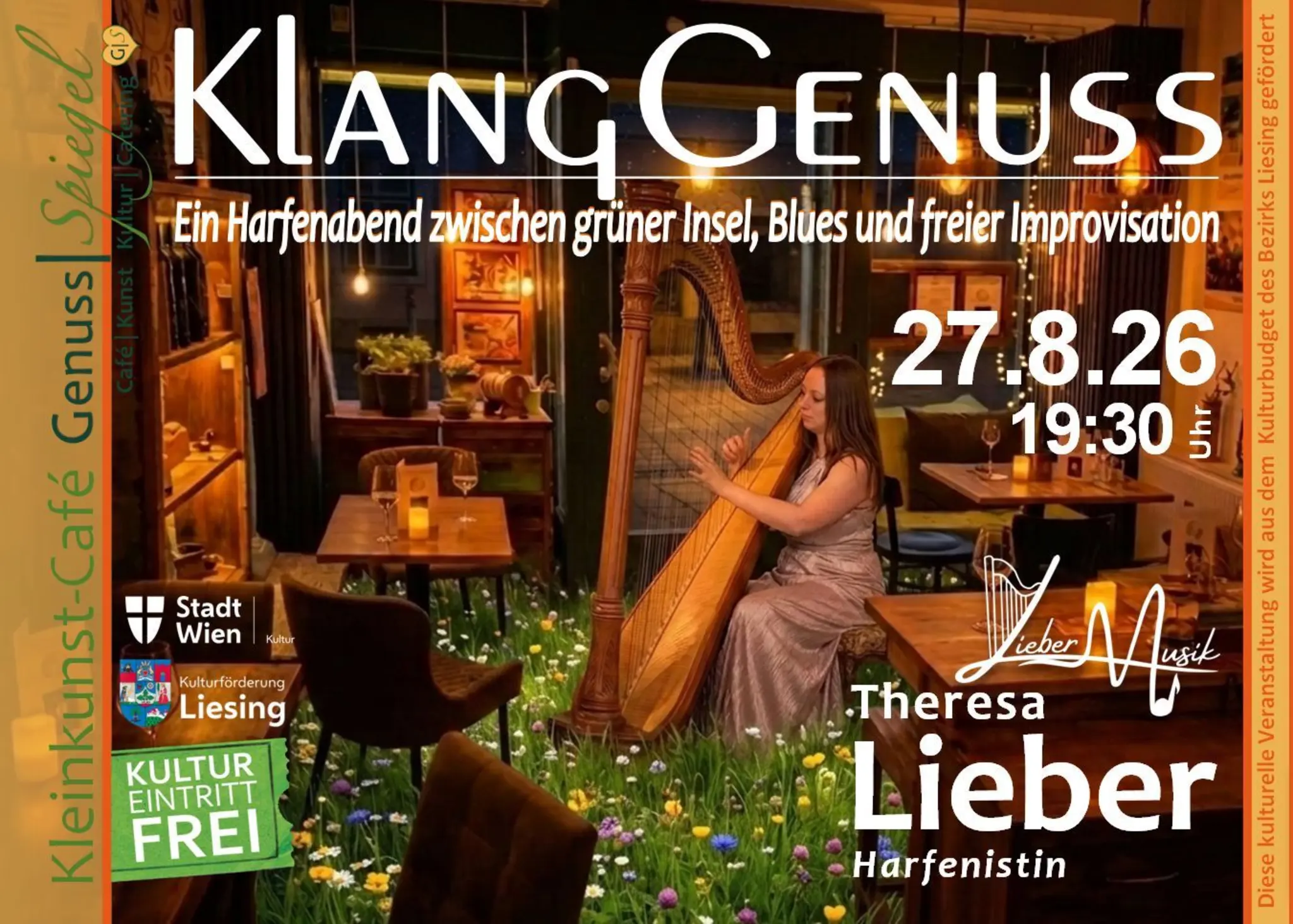 GenussSpiegel präsentiert: KlangGenuss – Ein Harfenabend zwischen grüner Insel, Blues und freier Improvisation–mit Theresa LIEBER - Eintritt Frei