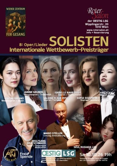 SOLISTEN: Internationale Wettbewerb-Preisträger singen Arien und Lieder - Live-Konzerte in Roter Salon der OESTIG LSG, wien